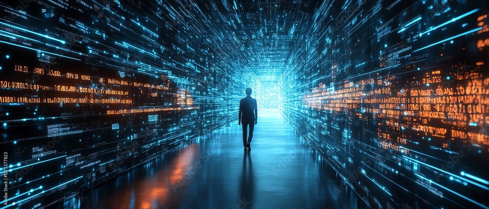 Poster a person navigating a virtual 3d data network, with beams of light highlighting key pathways leading