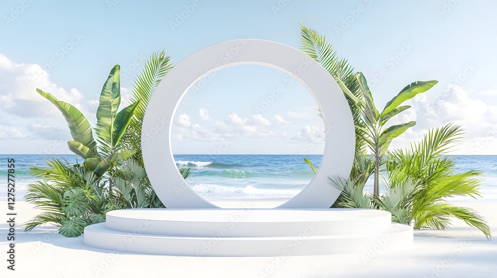 Poster luxurious 3d rendered tropical composition featuring a clean white pedestal with a circular window f