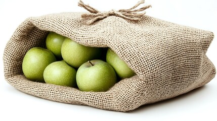Green apples in burlap sack on white background (1)