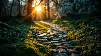 Naklejka premium A Magical Morning Walkway in a Misty Green Forest, Sunlight Filtering Through Tall Pines