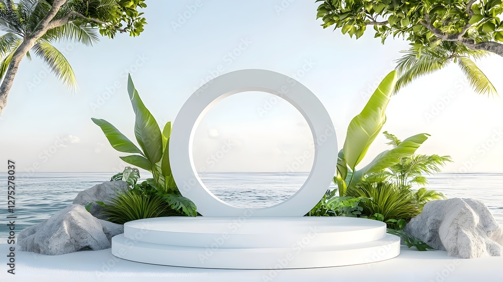 Poster futuristic and minimalist product stage with smooth white podium circular window detail and lush tro
