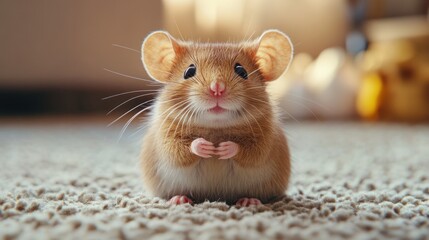 Fototapeta premium Cute mouse sitting carpet, home, sunlit background, pet