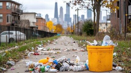 Fototapeta premium Urban land pollution threatens sustainability. Littered street with a yellow bucket amid urban skyline backdrop.