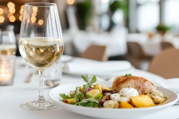 Roasted Chicken Dinner with White Wine in Elegant Restaurant Setting