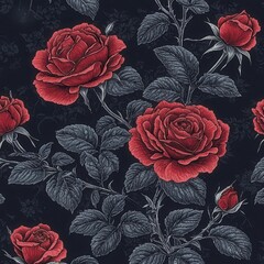A stunning floral pattern featuring vibrant red roses against a dark background, ideal for textiles, wallpaper, and various design projects. Copy space