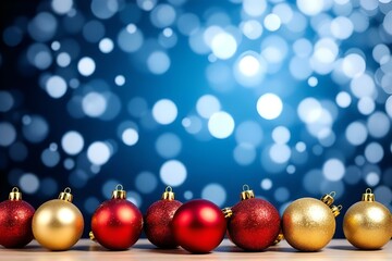 Obraz premium Christmas Ornaments on Wood Table with Bokeh Lights Background | Red & Gold Holiday Decorations | Festive Season Still Life