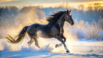 Majestic Dark Horse Galloping Through Sparkling Winter Snow at Sunset