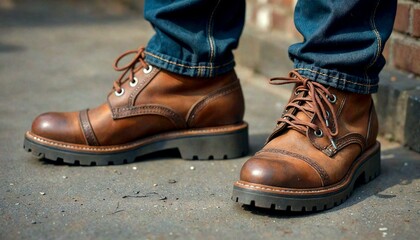 Close-up brown boots and jeans on street