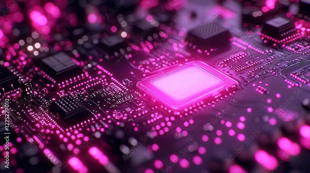 Poster a vibrant close-up of a modern microchip circuit board, showcasing intricate designs and glowing com