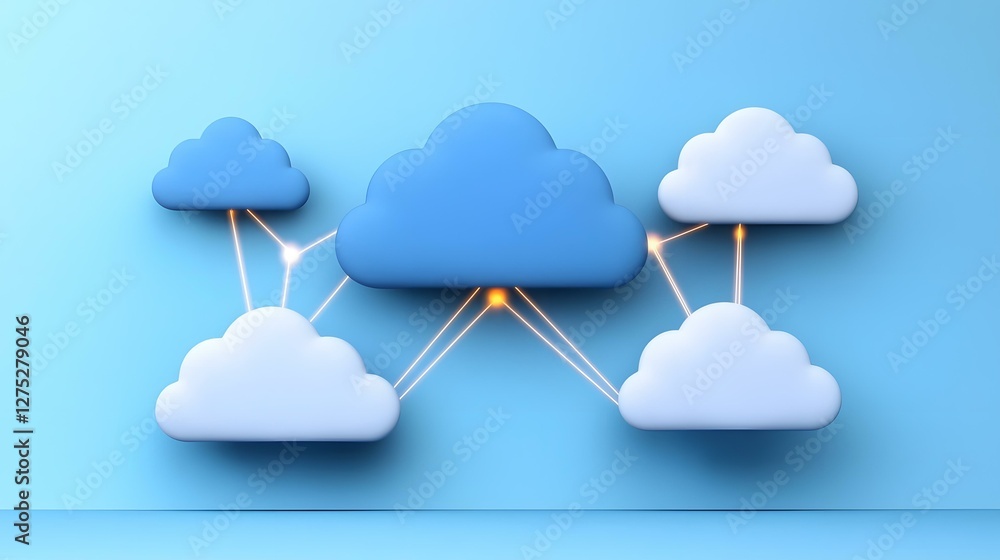 Poster the image shows five 3d cloud icons, one large blue cloud and four smaller white clouds, interconnec