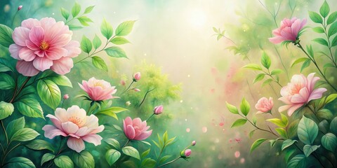 Obraz premium A Serene Garden Delicate Pink Blossoms and Lush Greenery in a Soft, Dreamlike Setting