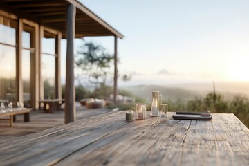Obraz premium Rustic Wooden Table with Candles at Sunset Overlooking Scenic Landscape