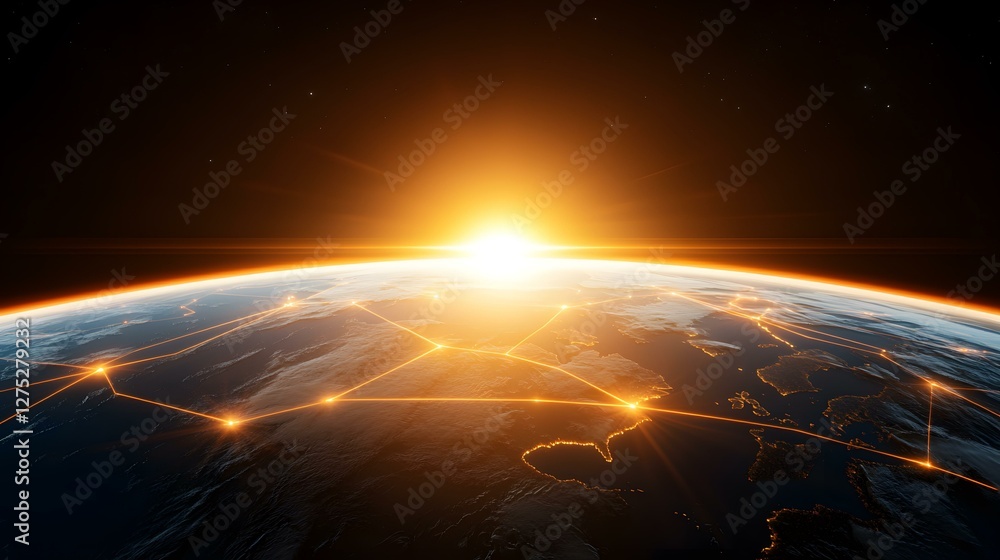 Poster a digital rendering of earth from space at sunrise, showcasing a network of glowing orange lines con