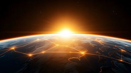 A digital rendering of Earth from space at sunrise, showcasing a network of glowing orange lines connecting various points across the globe.