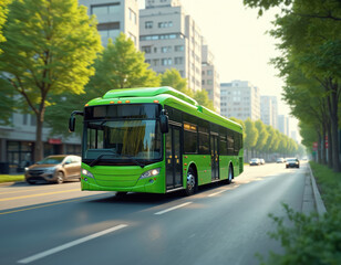 Green bus drives down city street lined with trees and buildings. Electric public transportation in urban area moves forward. Eco friendly lifestyle in modern town.