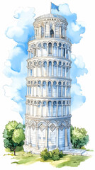Leaning Tower of Pisa, Italy, watercolor illustration, travel postcard