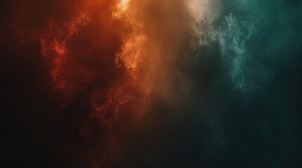 Obraz premium A captivating blend of colorful smoke and clouds, creating a dramatic atmosphere with hues of orange, teal, and hints of darkness.