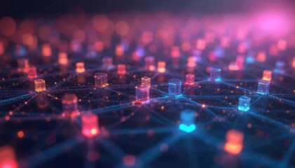 Vibrant 3D cubes connected by lines form digital network on dark backdrop. Geometric blocks symbolize futuristic tech, complex data connections, modern innovation art. Great as a tech background.