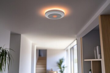 Smart smoke and carbon monoxide detector with an app alert, installed on the ceiling of a modern home hallway