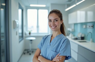 Confident Caucasian female dentist with a friendly smile stands in modern clinic. Professional doctor wears blue uniform, health expert looks happy and cheerful. Confident health care.