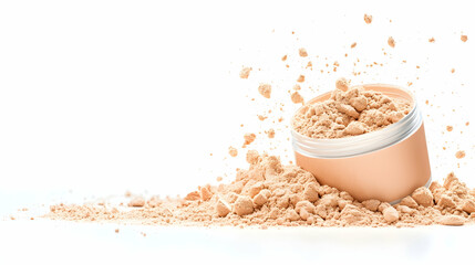 Loose powder spills from jar, white background, beauty product, advertising