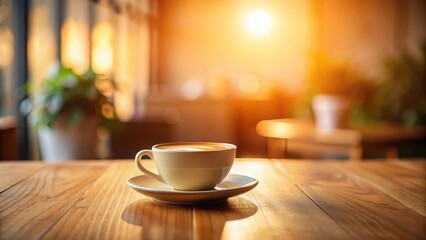 Obraz premium Warm morning sunlight illuminates a caf?'s wooden table, where a steaming cup of cappuccino sits, ready to be enjoyed.