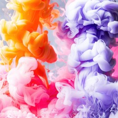 Obraz premium Vivid swirls of colorful ink blend beautifully, creating an abstract and ethereal composition with shades of pink, orange, and purple.