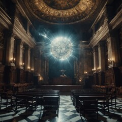 A celestial courtroom where angels and demons engage in an eternal debate.