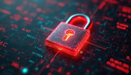 Cyber security design, cyber risk audit. Padlock on circuit board with red glowing light. Digital data protection, encryption, firewall concept for online safety, privacy.