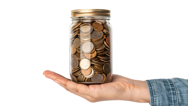 Hands holding coins in a glass jar, represent savings and investment for future wealth