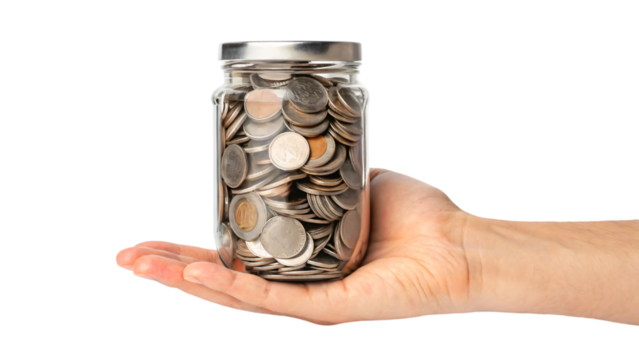 Hands holding coins in a glass jar, represent savings and investment for future wealth