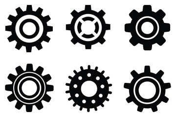 Collection of gear and cogwheel icons in black white, vector for mechanical and industrial concepts