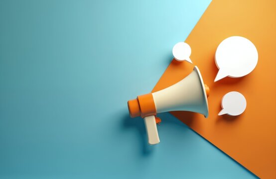 Against light blue backdrop 3D render of megaphones, speech bubbles. Communication promotion tool. Advertising marketing concept idea, business tech design template, chat social information banner