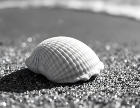 Seashell Resting on Sandy Beach with Gentle Waves in Monochrome