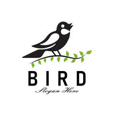 Black Silhouette Bird Logo Design on Leaf Branch Simple Vintage Bird Lover Illustration