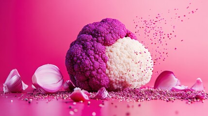 Vibrant cauliflower on pink backdrop, surrounded by petals and sprinkles, showcasing culinary creativity