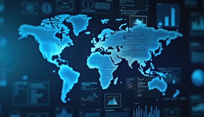 Digital abstract of data analysis with charts, graphs showing world map. Tech, business intelligence, futuristic analytics with blue hue. Global network, virtual dashboard, science, system.