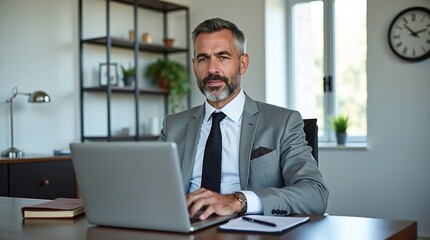 Fototapeta premium A businessman in the office with a laptop.