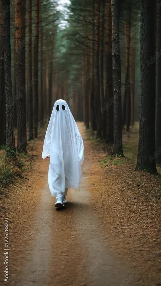 Poster Mysterious figure dressed as a ghost walking through a dense forest path on a foggy day in autumn