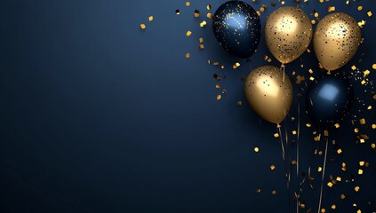 Gold, blue balloons, confetti, dark background, celebration (1)
