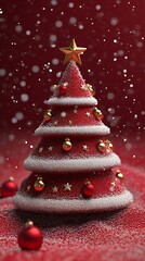 Red Christmas tree snowing, festive background