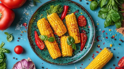 A vibrant plate of grilled corn garnished with herbs and chili, showcasing a colorful dish.