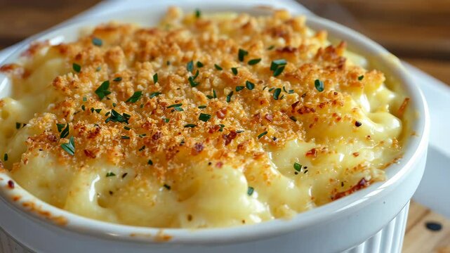 Creamy baked macaroni and cheese topped with golden breadcrumbs served in a white ramekin, Creamy baked macaroni and cheese with golden breadcrumbs in white ramekin