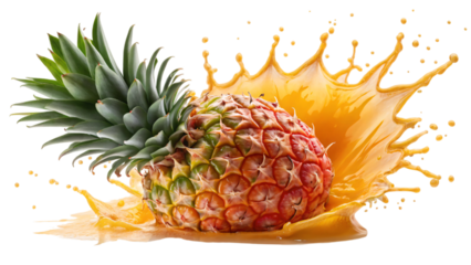 A bright pineapple poised with splash on a clean white backdrop