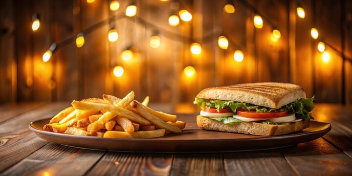 A delectable panini sandwich and a generous portion of golden-brown french fries presented on a rustic wooden table, illuminated by a warm, inviting string of lights.