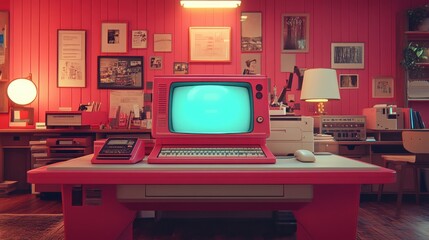 Vintage Pink Computer Setup in Cozy Retro Room with Art and Decor