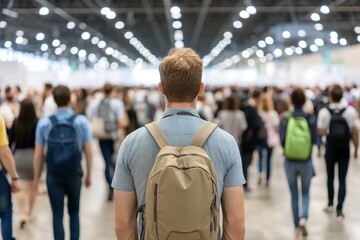 Young Man with Backpack in Crowded Convention Center