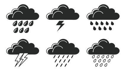 Blue Cloud Icon Set with Rain and Weather Symbols on Transparent Background