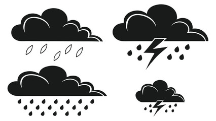 Blue Cloud Icon Set with Rain and Weather Symbols on Transparent Background