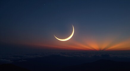 Ramadan Moon Twilight Sky: Serene, Dreamlike. Use for holiday themes, spiritual content, tranquil backgrounds, website banners, and promotional materials.
